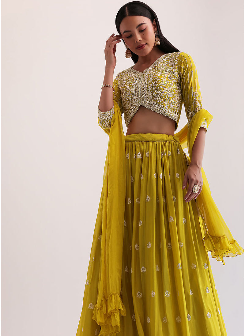 Outstanding Ocher yellow Designer lehenga withsequin thread work