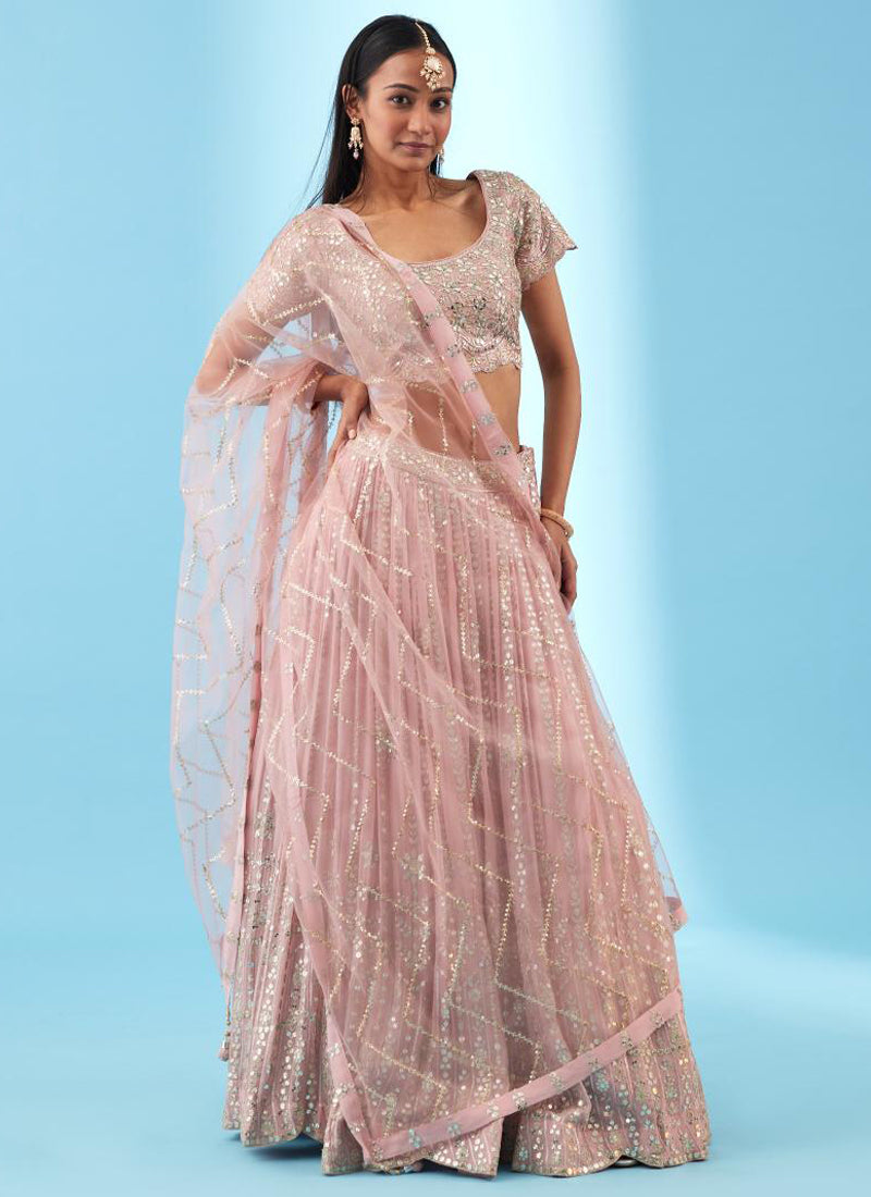 Baby Pink Georgette Lehenga choli with elegant zari and sequin thread embroidery work.