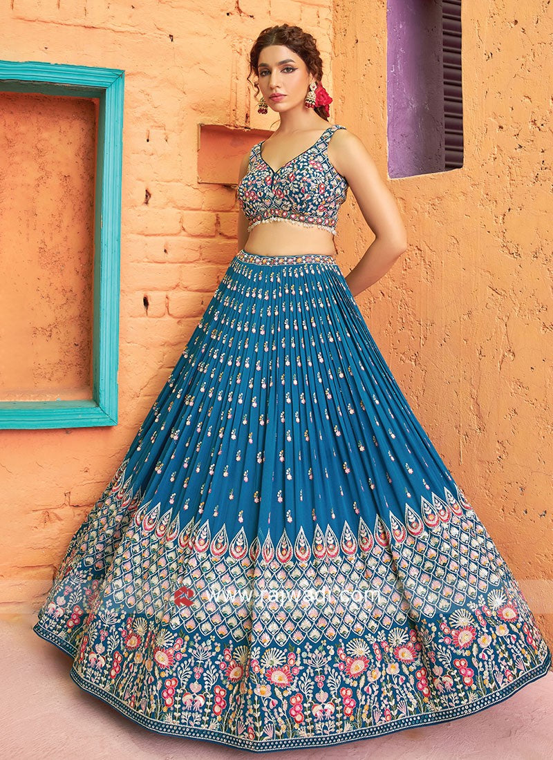 Trendy Georgette Peacock colored sequin zari embroidery lehenga choli