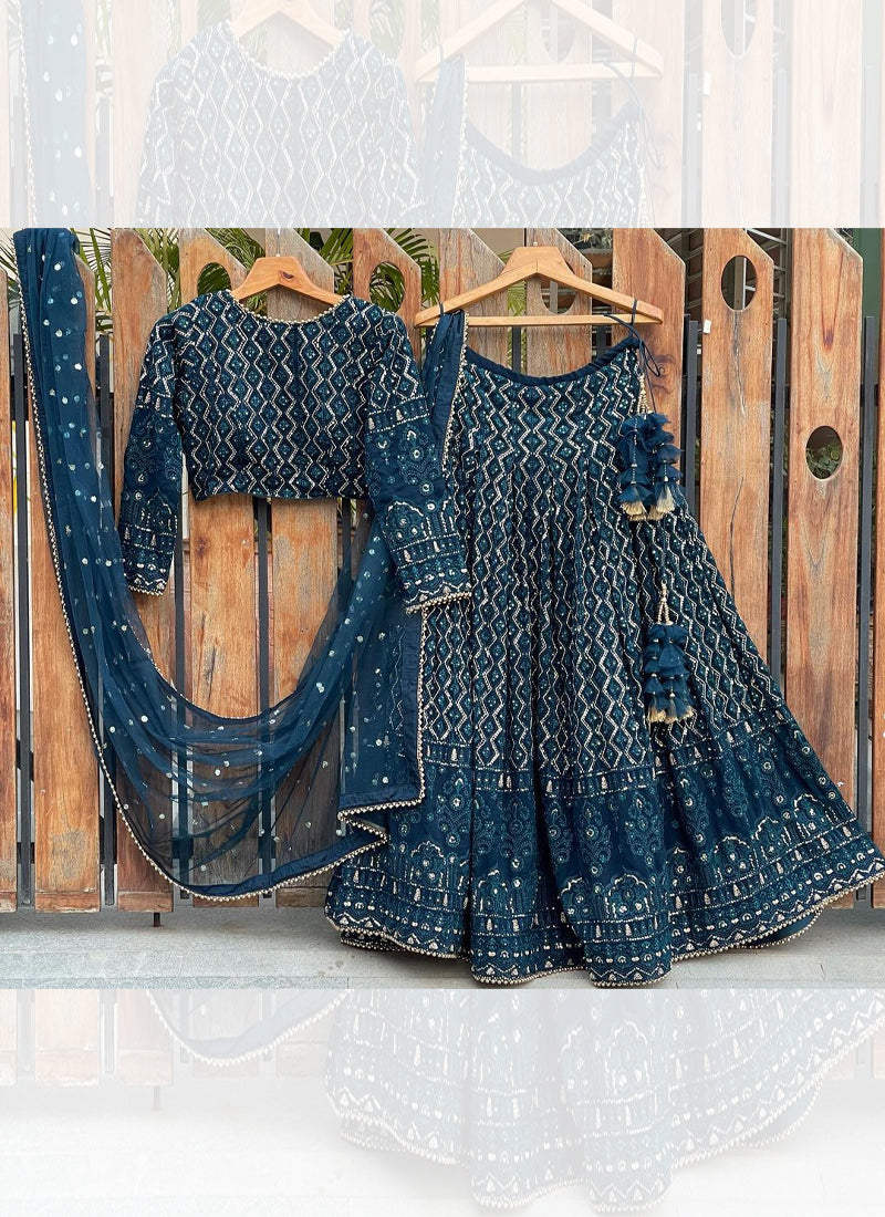 Beautiful Georgette Dark Blue Lucknowi Work Lehenga Choli For Wedding