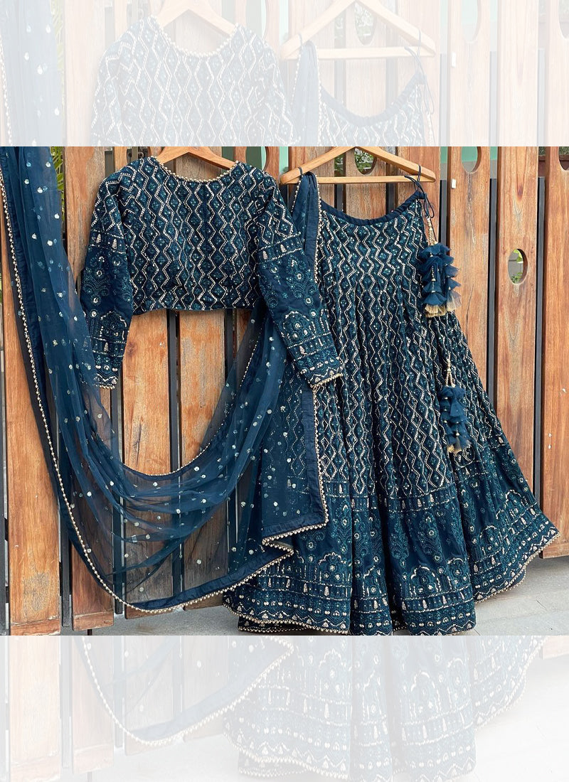 Beautiful Georgette Dark Blue Lucknowi Work Lehenga Choli For Wedding
