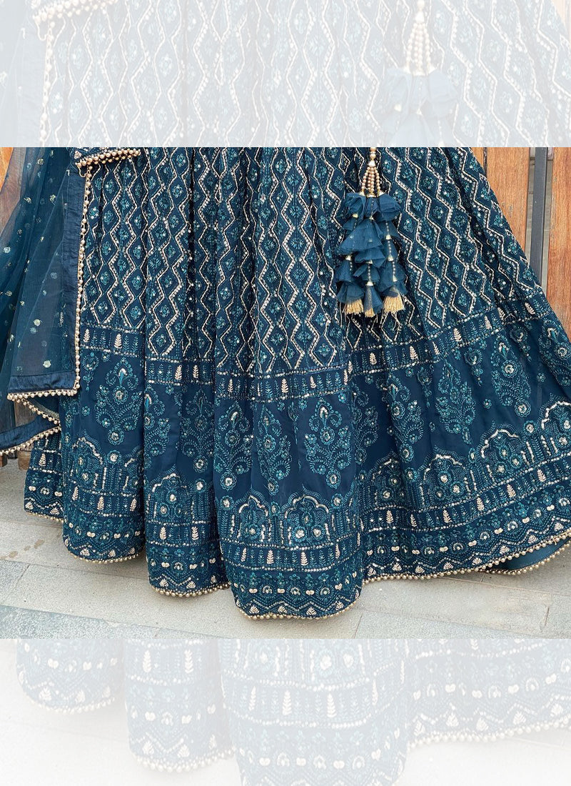 Beautiful Georgette Dark Blue Lucknowi Work Lehenga Choli For Wedding