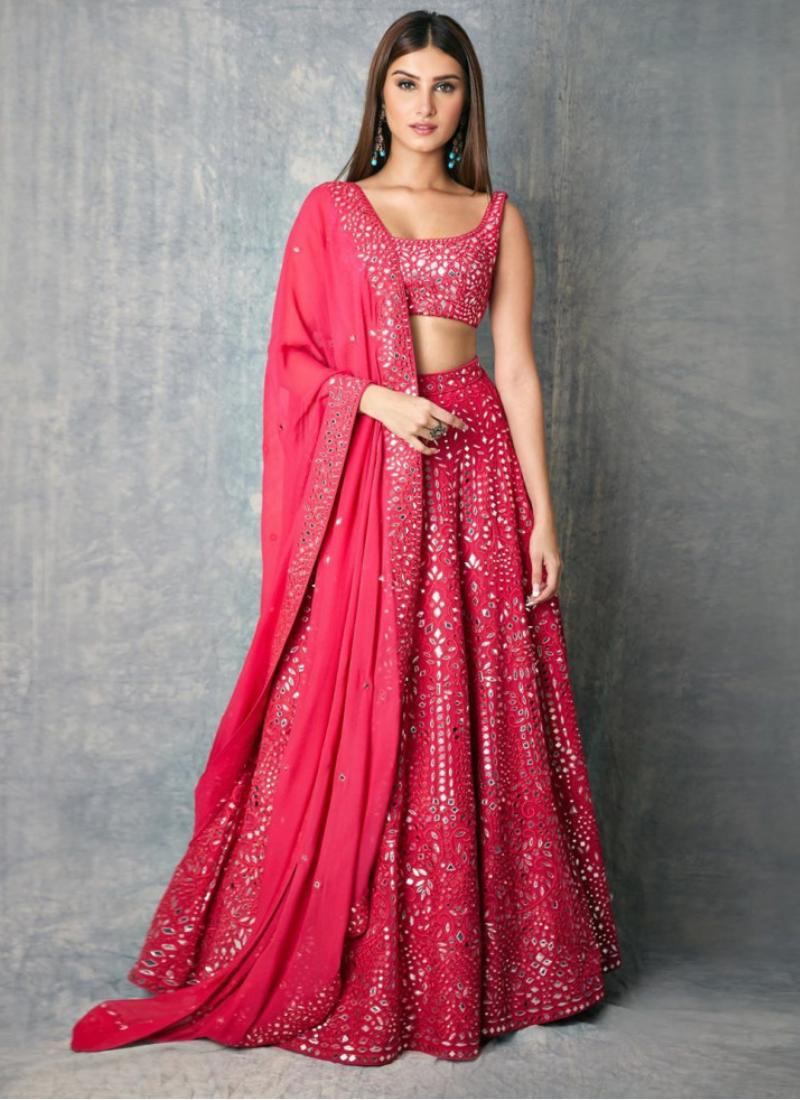 Amazing Dark Pink Foil Mirror Georgette Lehenga Choli Set