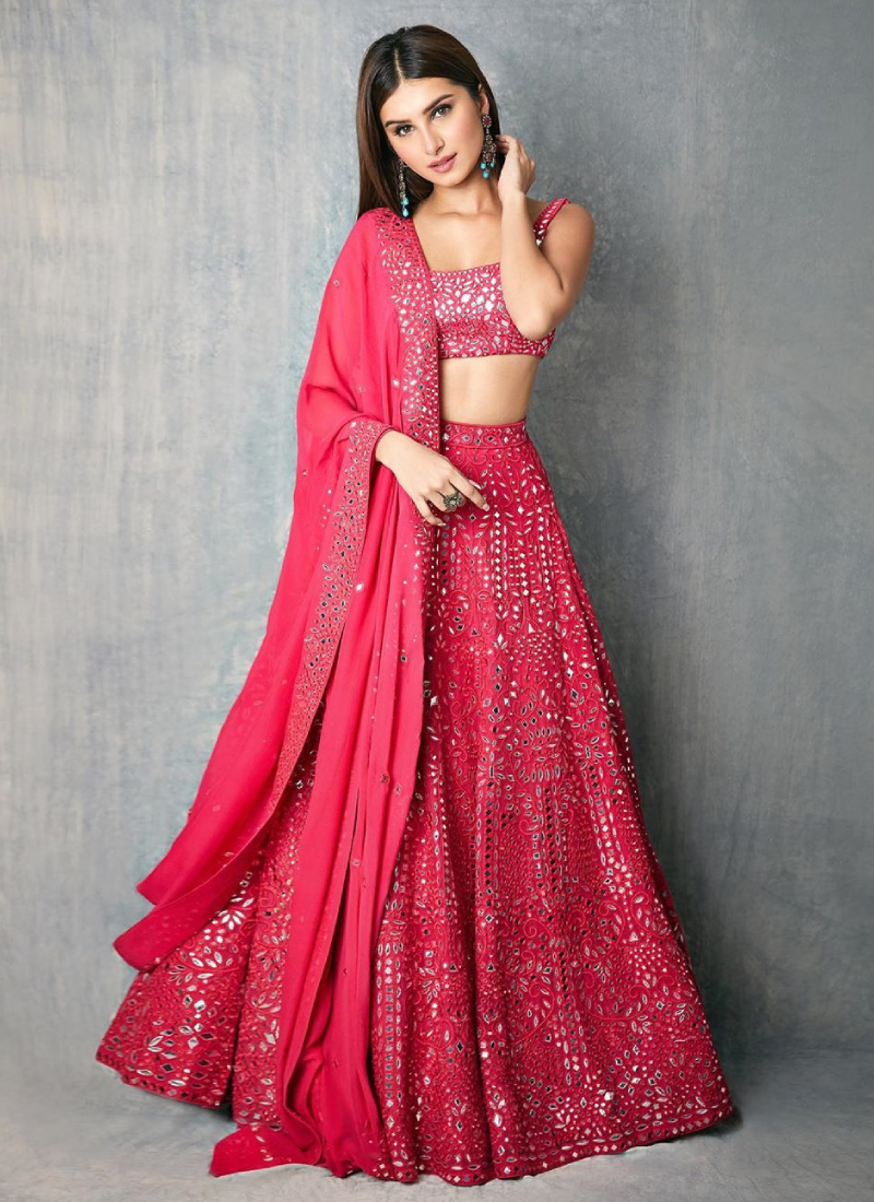 Amazing Dark Pink Foil Mirror Georgette Lehenga Choli Set