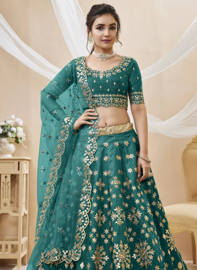 Amazing Foil Mirror Teal Blue Mulberry Silk Lehenga Choli