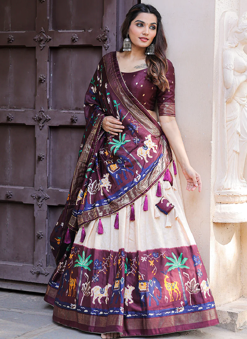 Amazing Wine Dola Silk Patola Printed Lehenga Choli Set