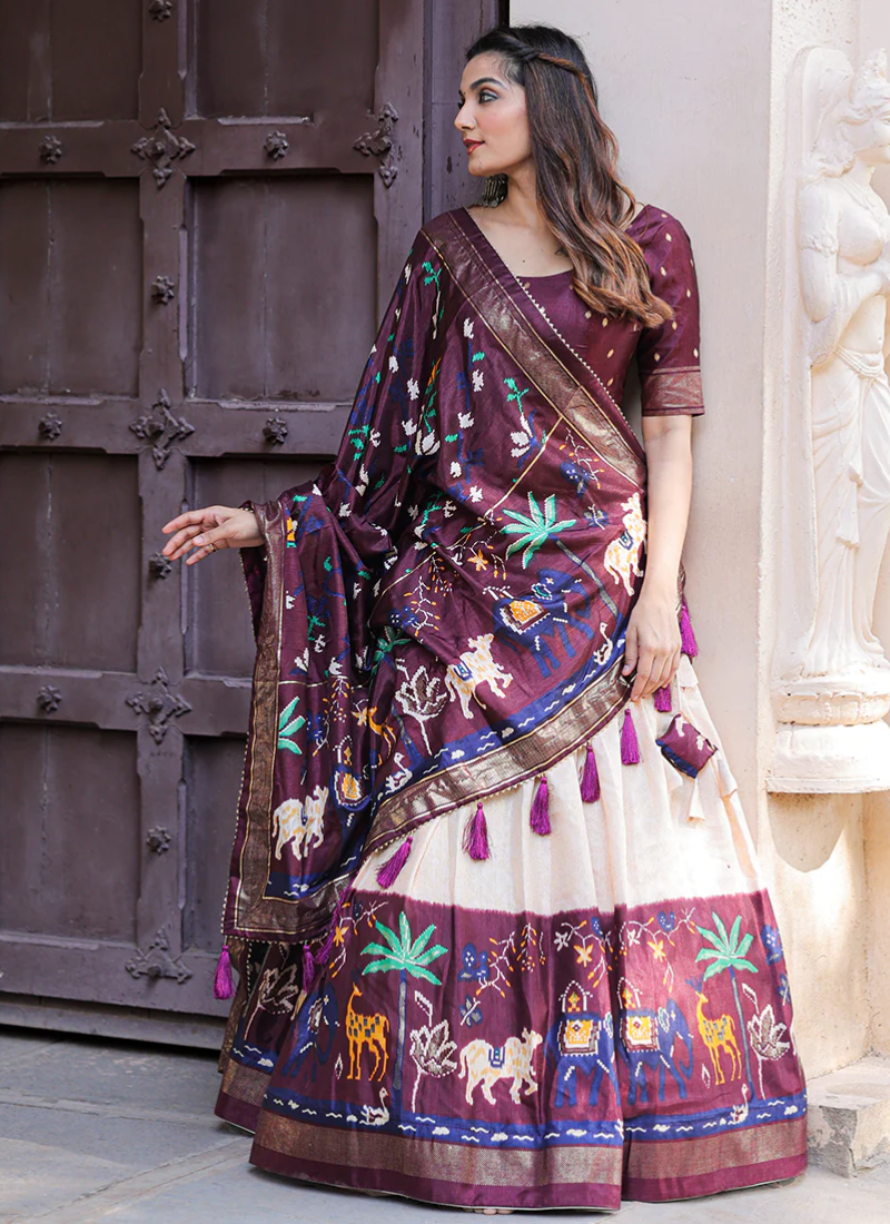 Amazing Wine Dola Silk Patola Printed Lehenga Choli Set