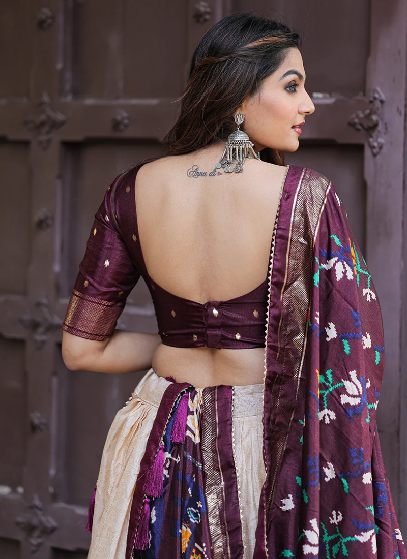 Amazing Wine Dola Silk Patola Printed Lehenga Choli Set