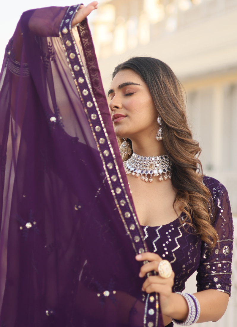 Amazing Wine Sequence Work Georgette Lehenga Choli For Wedding