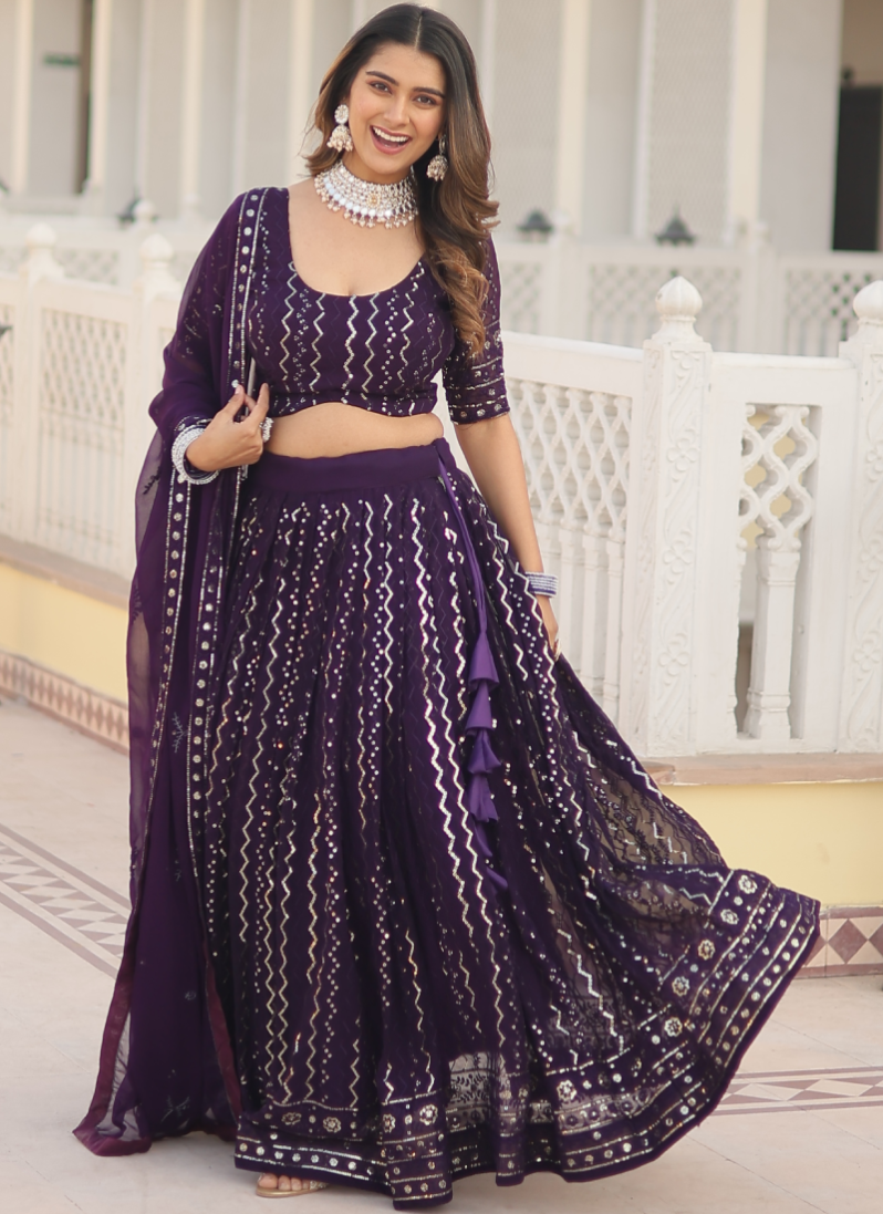 Amazing Wine Sequence Work Georgette Lehenga Choli For Wedding