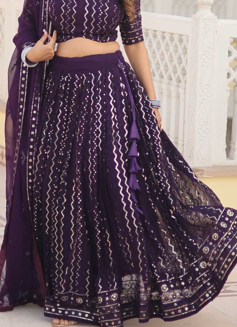 Amazing Wine Sequence Work Georgette Lehenga Choli For Wedding