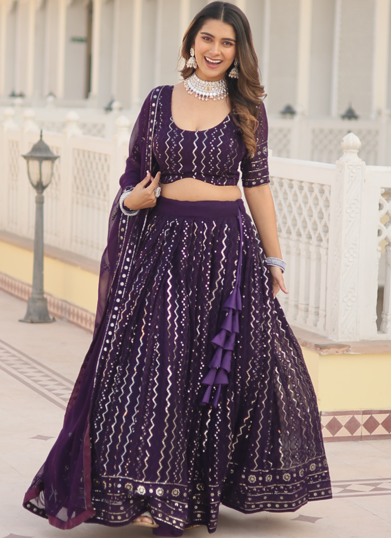Amazing Wine Sequence Work Georgette Lehenga Choli For Wedding