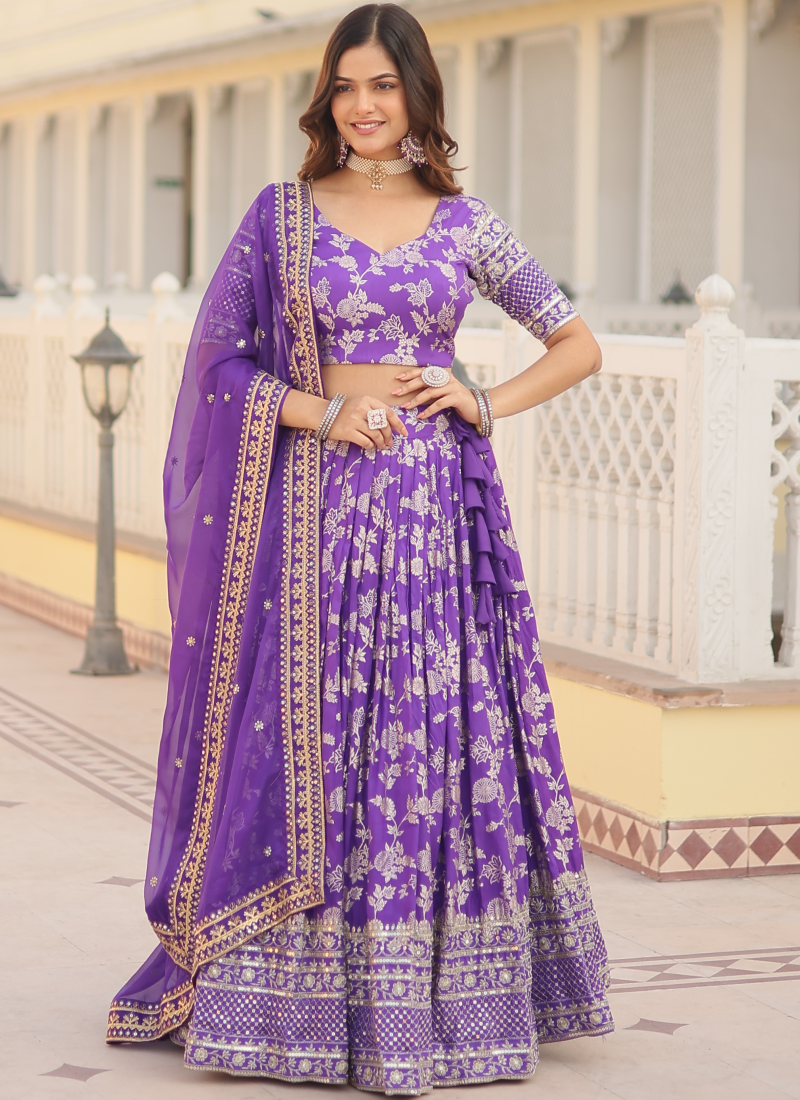 Designer Embroidered Work Jacquard Lavender Lehenga Choli
