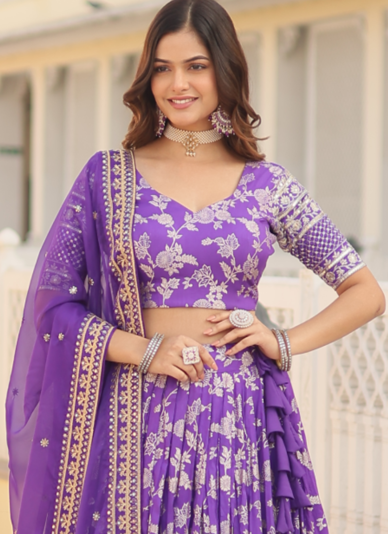 Designer Embroidered Work Jacquard Lavender Lehenga Choli