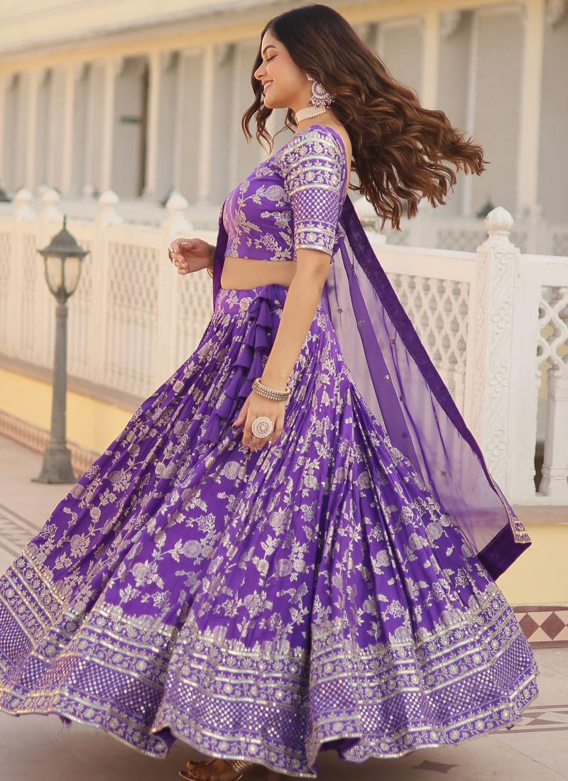 Designer Embroidered Work Jacquard Lavender Lehenga Choli