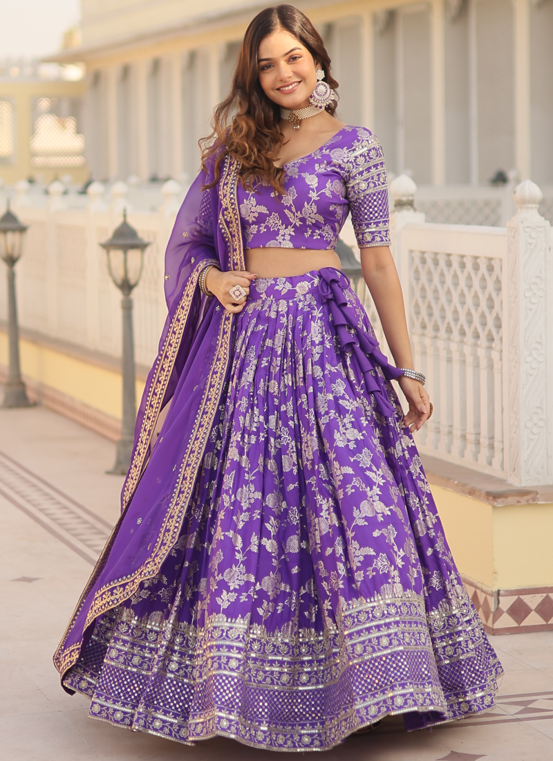 Designer Embroidered Work Jacquard Lavender Lehenga Choli