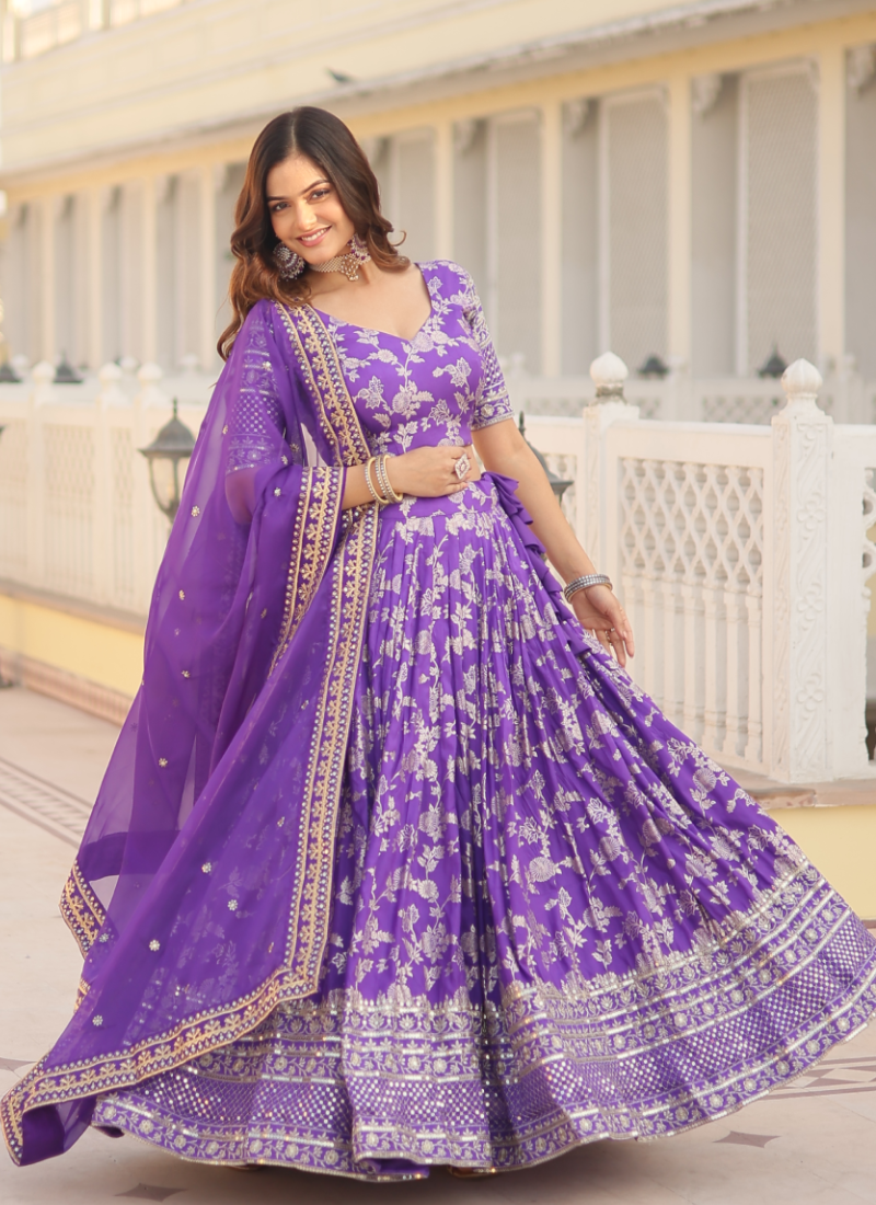Designer Embroidered Work Jacquard Lavender Lehenga Choli