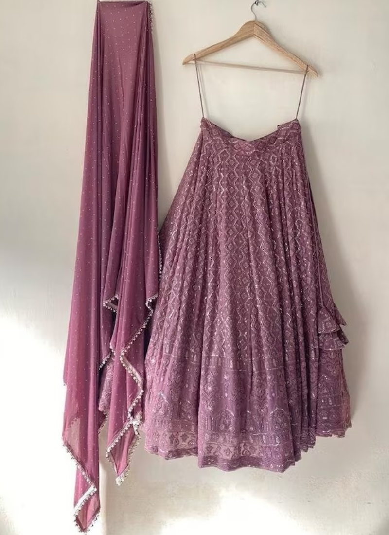 Georgette Rosy Pink Thread Lucknowi Embroidered Work Lehenga Choli