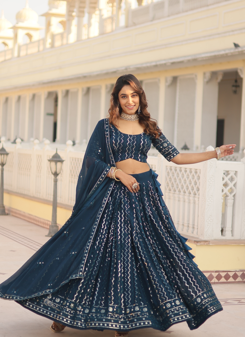 Attractive Teal Blue Sequence Georgette Lehenga Choli