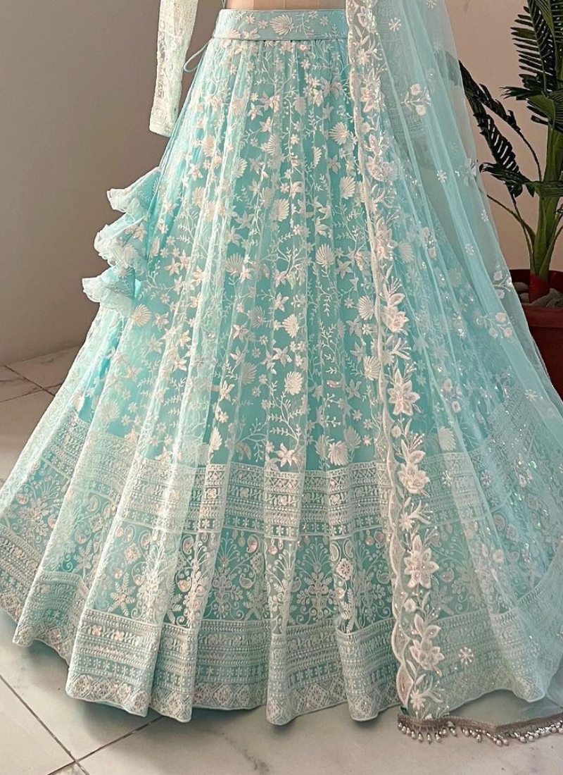 Designer Thread Embroidered Work Sky Blue Net Lehenga Choli Set