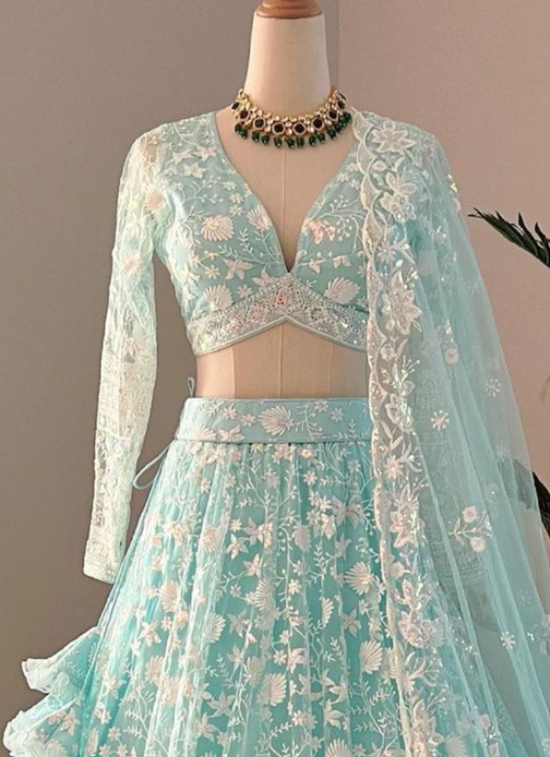 Designer Thread Embroidered Work Sky Blue Net Lehenga Choli Set
