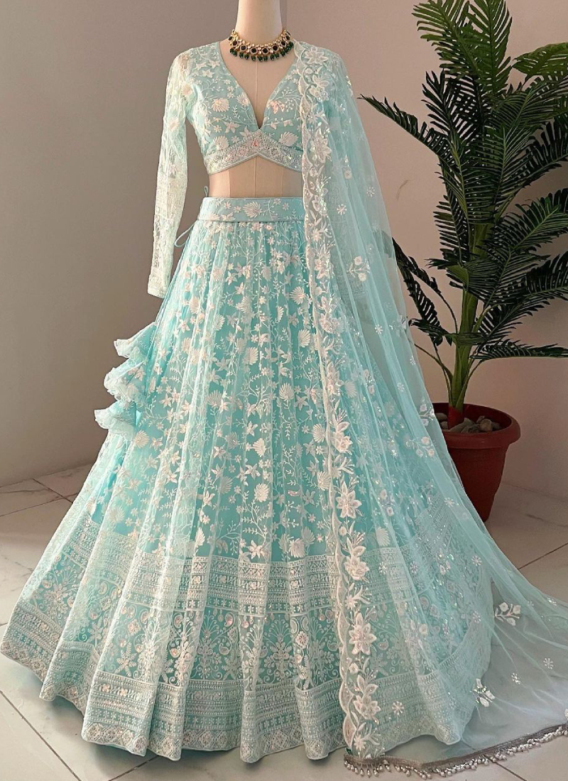 Designer Thread Embroidered Work Sky Blue Net Lehenga Choli Set