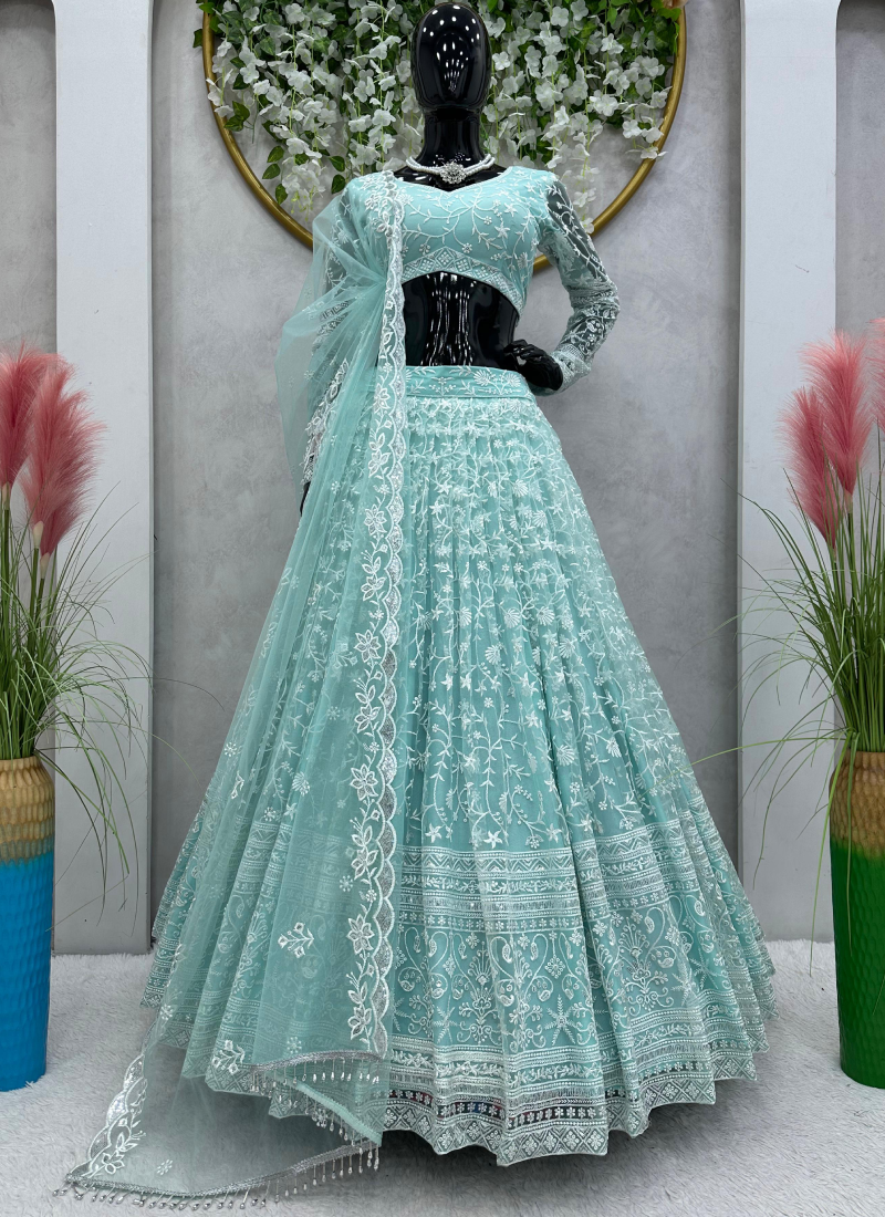 Designer Thread Embroidered Work Sky Blue Net Lehenga Choli Set