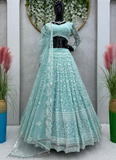Designer Thread Embroidered Work Sky Blue Net Lehenga Choli Set