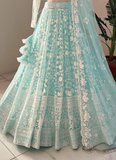 Designer Thread Embroidered Work Sky Blue Net Lehenga Choli Set