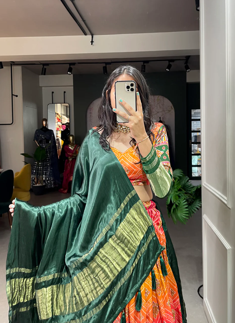 Bandhej Print Pure Gaji Silk Yellow Shaded Lehenga Choli