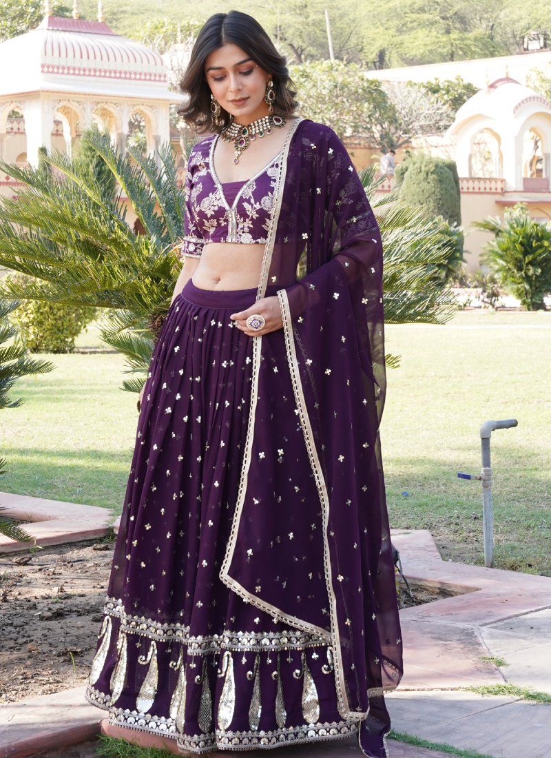 Fascinating Sequence Heavy Embroidered Wine Georgette Lehenga Choli