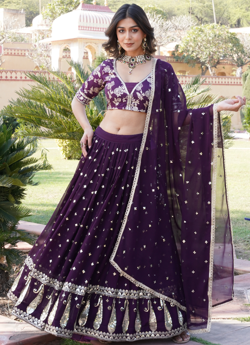Fascinating Sequence Heavy Embroidered Wine Georgette Lehenga Choli