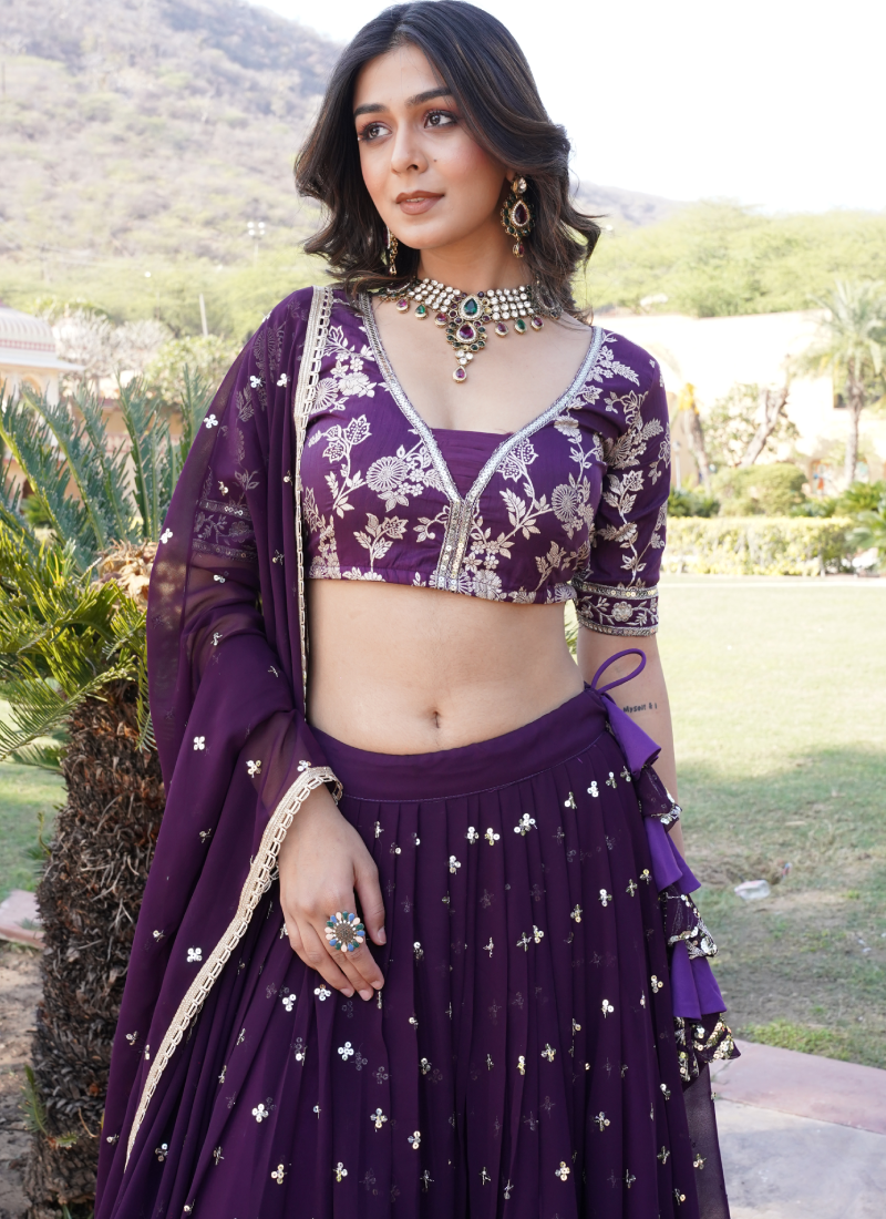 Fascinating Sequence Heavy Embroidered Wine Georgette Lehenga Choli