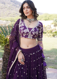 Fascinating Sequence Heavy Embroidered Wine Georgette Lehenga Choli