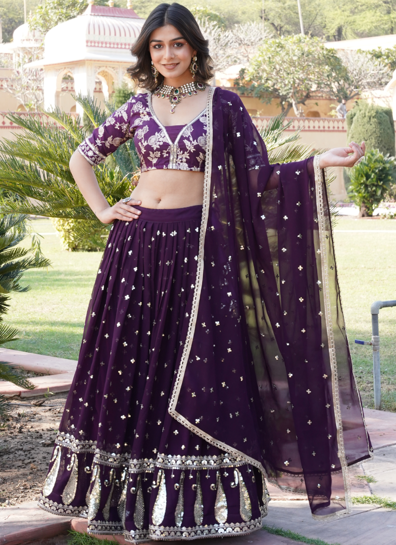 Fascinating Sequence Heavy Embroidered Wine Georgette Lehenga Choli