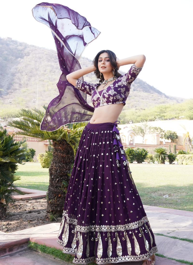 Fascinating Sequence Heavy Embroidered Wine Georgette Lehenga Choli