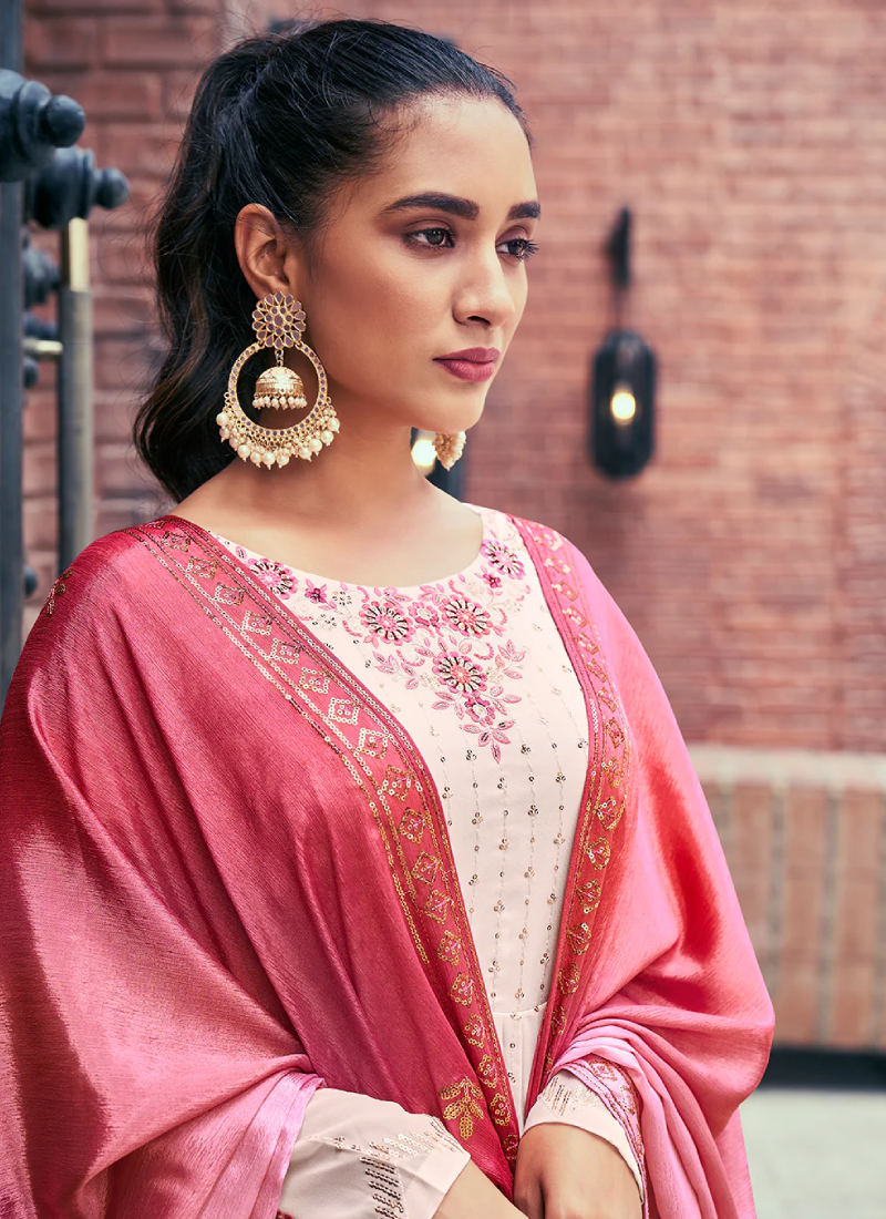 Beige Thread Embroidered Georgette Palazzo Suit For Wedding