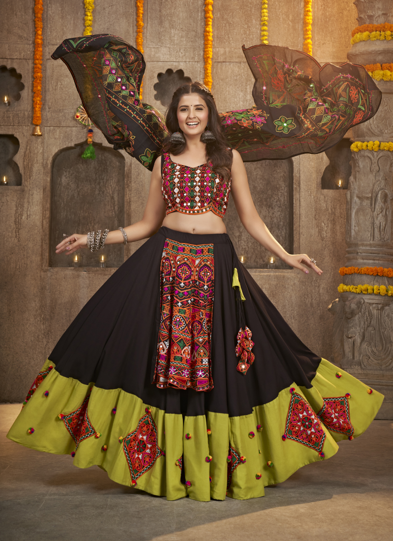 Black And Green Viscose Rayon Thread Work Chaniya Choli