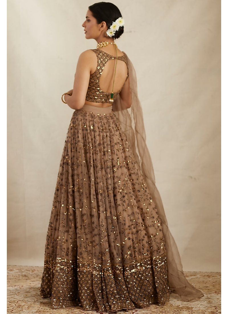 Brown Sequence Work Soft Net Lehenga Choli For Wedding