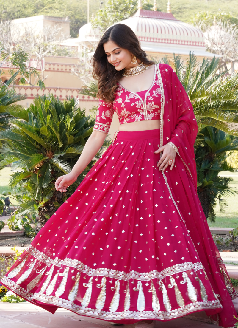 Latest Georgette Embroidered Work Dark Pink Beautiful Lehenga Choli