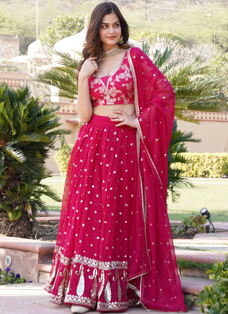 Latest Georgette Embroidered Work Dark Pink Beautiful Lehenga Choli