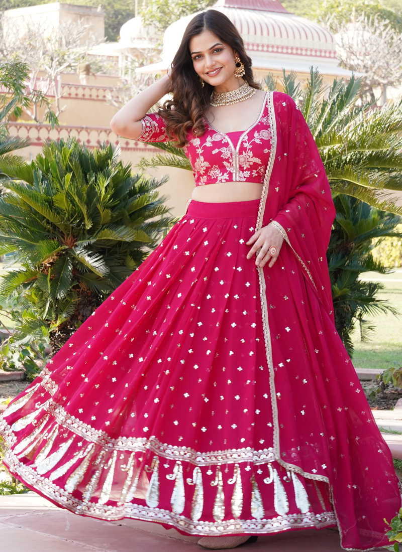 Latest Georgette Embroidered Work Dark Pink Beautiful Lehenga Choli