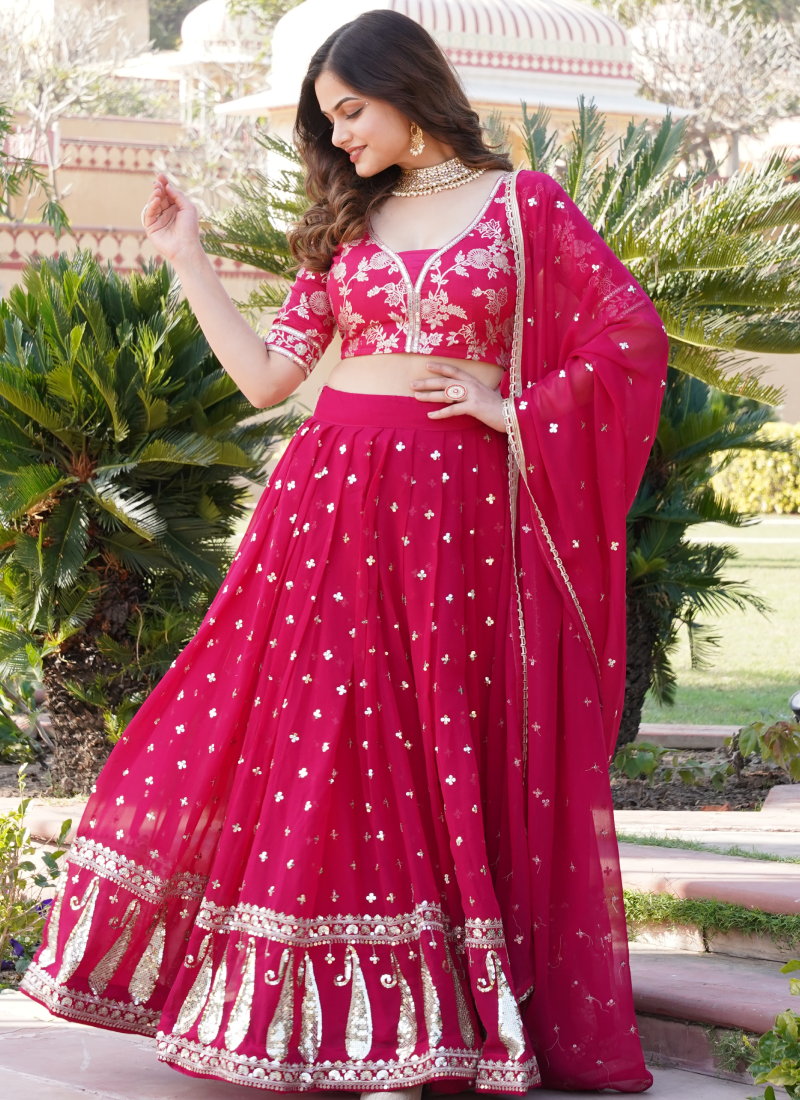 Latest Georgette Embroidered Work Dark Pink Beautiful Lehenga Choli