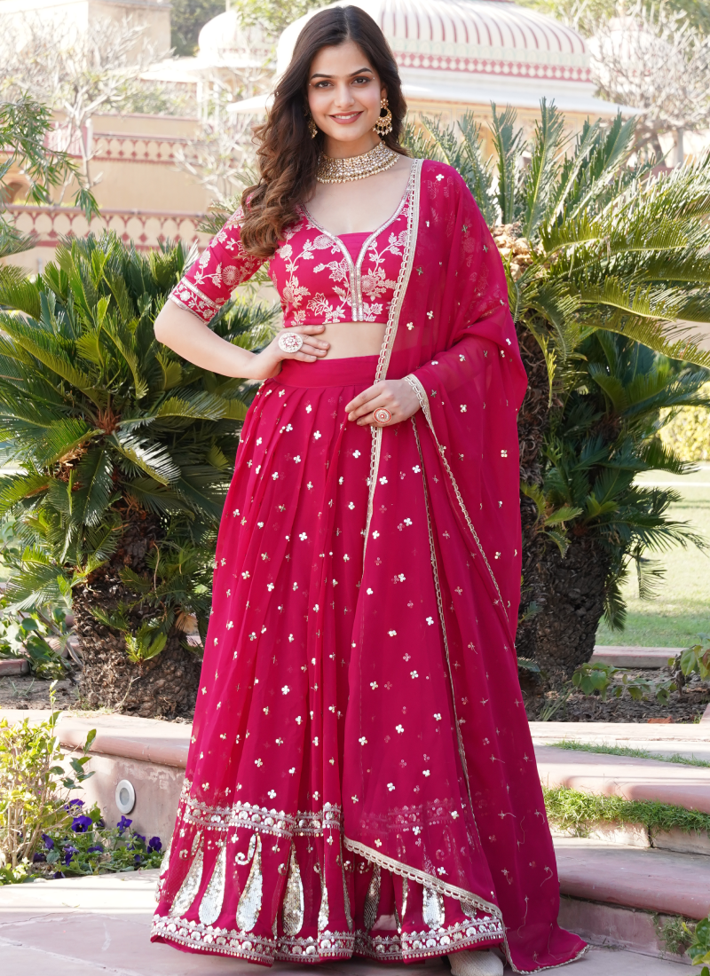 Latest Georgette Embroidered Work Dark Pink Beautiful Lehenga Choli