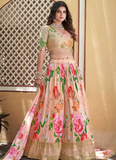 Crushed Chinon Digital Printed Sequence Work Peach Lehenga