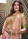 Crushed Chinon Digital Printed Sequence Work Peach Lehenga