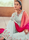 Delightful Sky Blue Multi Thread Work Georgette Palazzo Suit