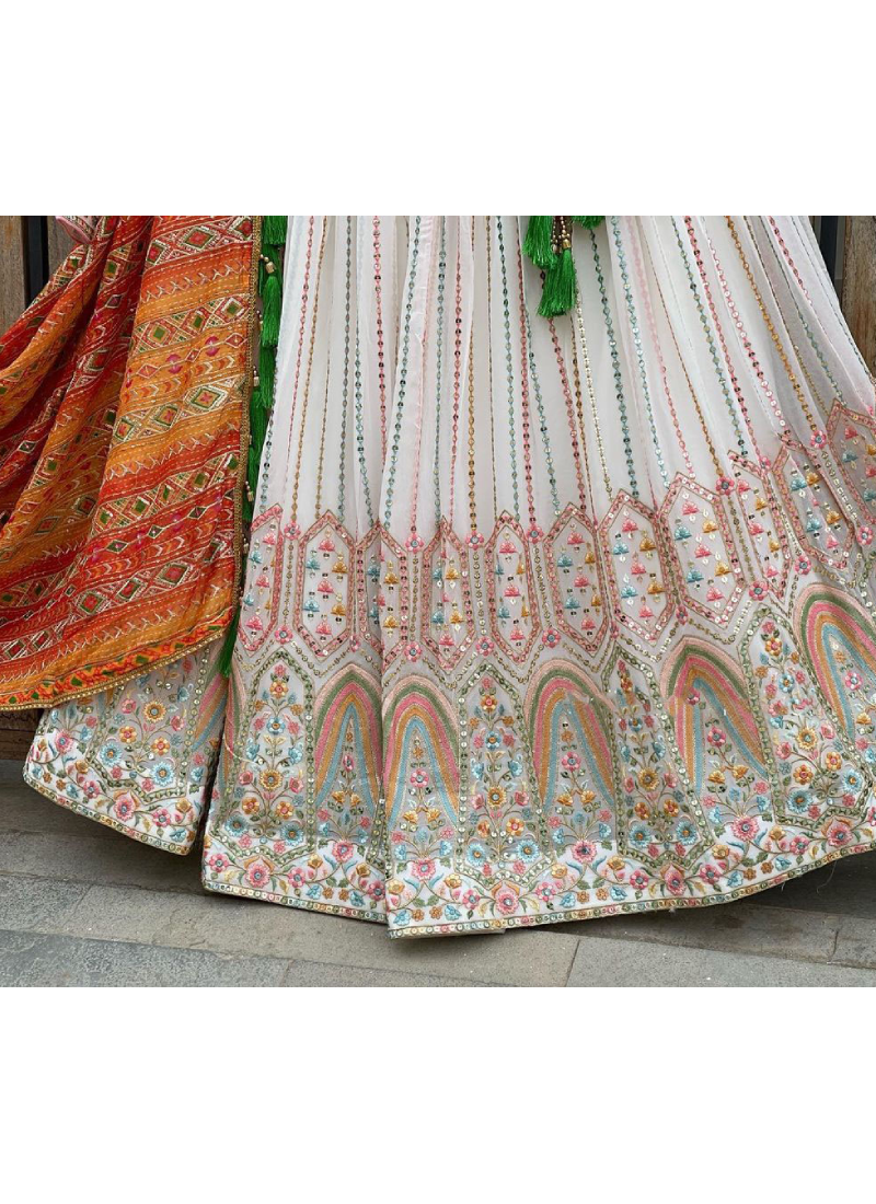 Designer Multi Thread Embroidered White Georgette Lehenga Choli