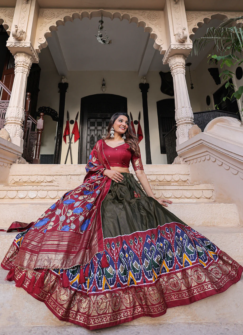 Designer Patola Printed Dola Silk Mahendi Green Lehenga Choli