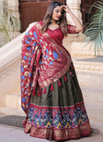 Designer Patola Printed Dola Silk Mahendi Green Lehenga Choli
